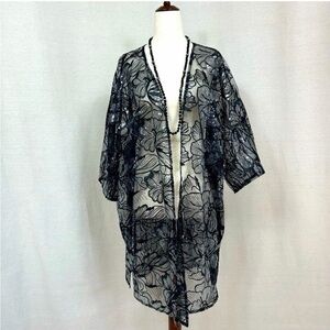 Anne Klein Black Floral Sheer Kimono like Jacket/Coverup